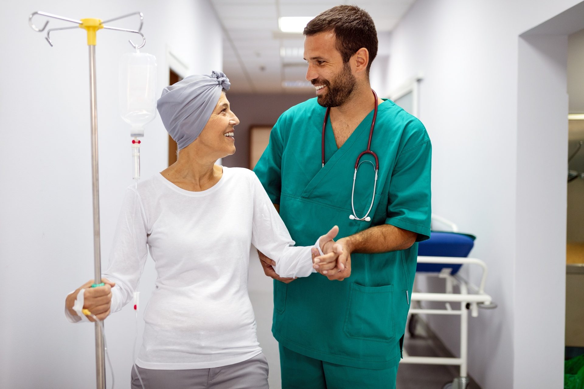 Woman with cancer during chemotherapy recovering from illness in hospital